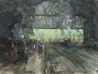Winteravond in de spoorwegemplacementen, 1910 door Charles P. Reiffel